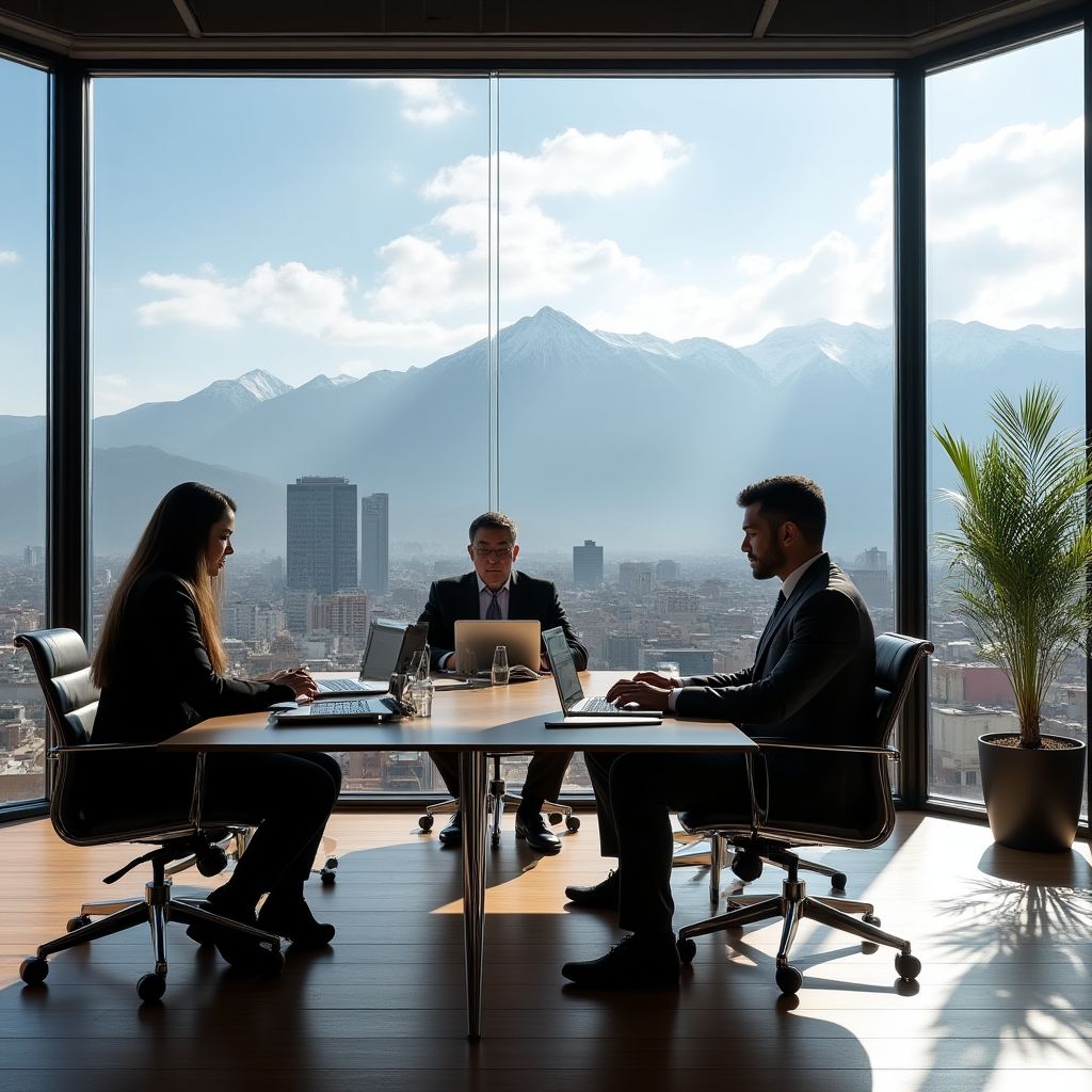 Oficina moderna de Inversiones Bolivia con vista panorámica de La Paz